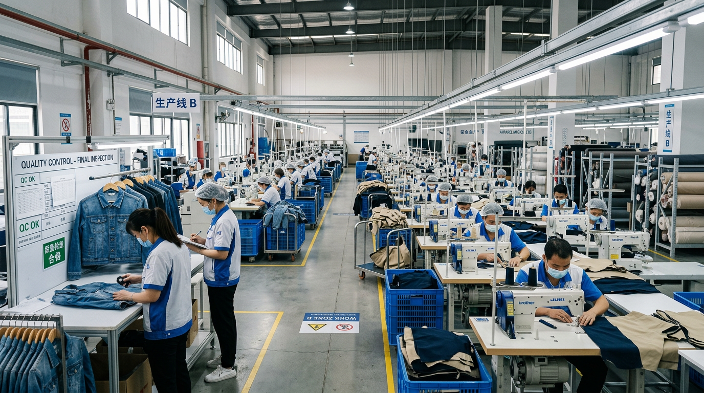 Çin tekstil fabrikasında raflara dizilmiş renkli giyim ürünleri